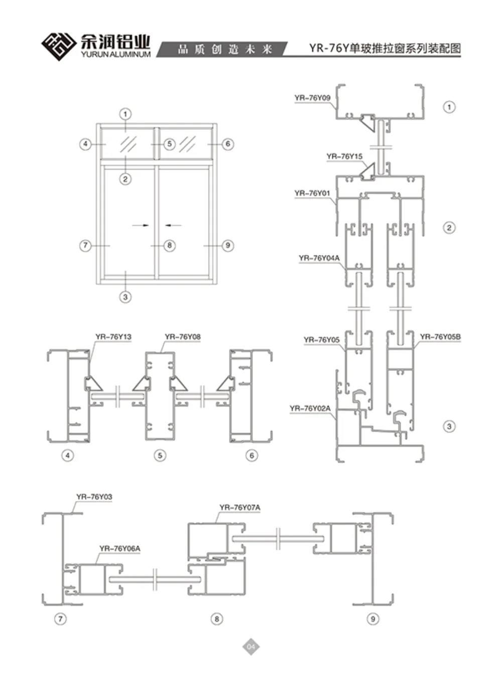 YR-76Y Single-Glazing Sliding Window Profile Series Assembly Drawing