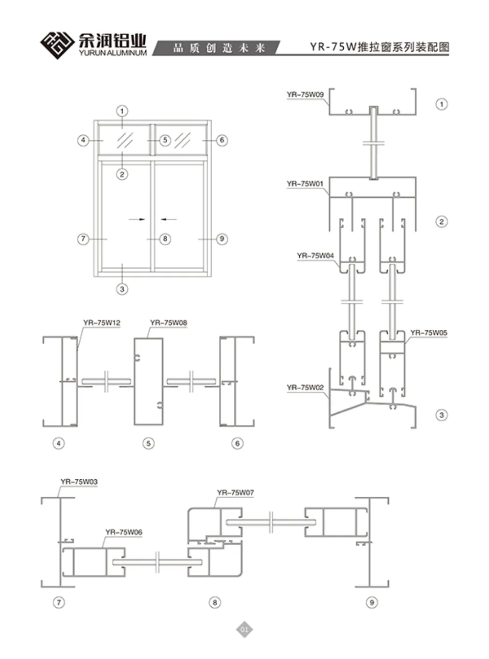 YR-75W Sliding Window Profile Series Assembly Drawing