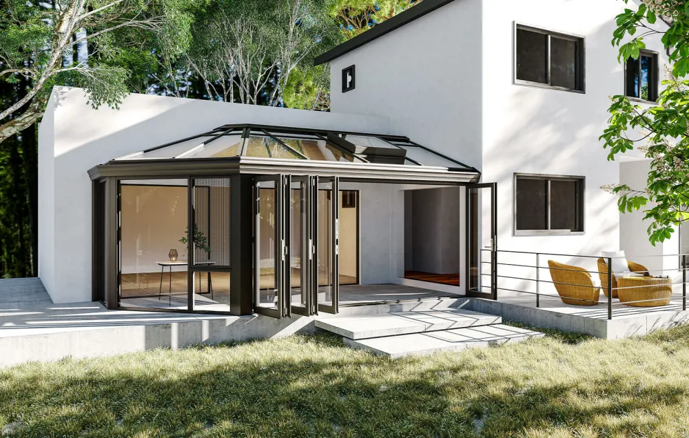 Aluminum conservatory sunroom with bifold doors