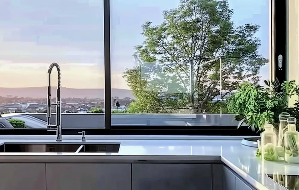 Aluminum fixed and sliding window, kitchen