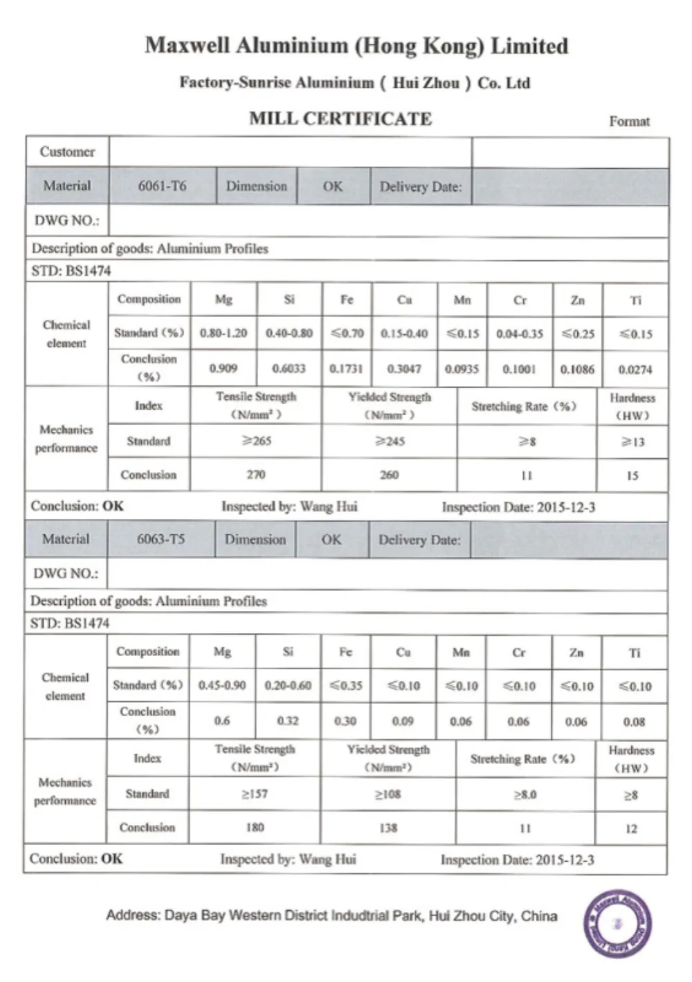 Mill Certificate - Sunrise Aluminum