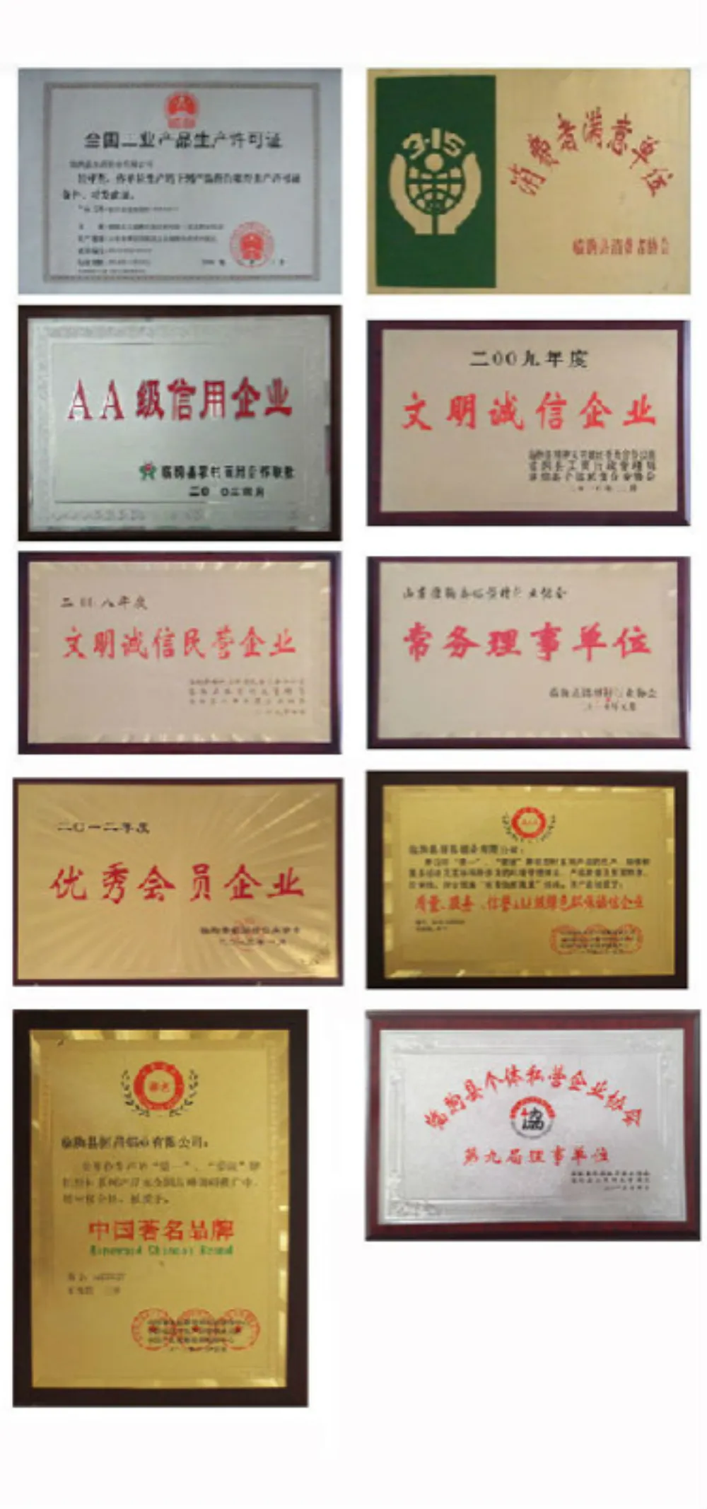 National Industry Product Production License and quality/industry association awards collage