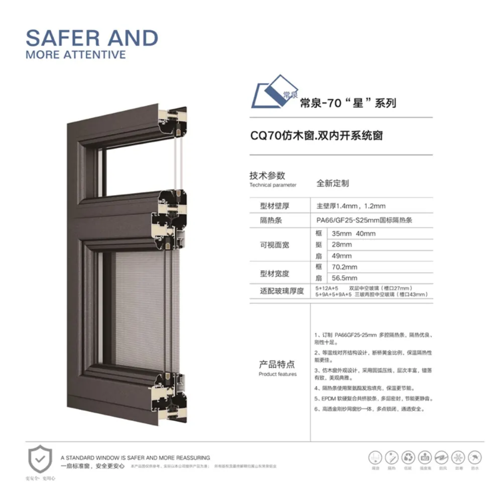 CQ70 Wood-Grain Double Inward-Open System Window