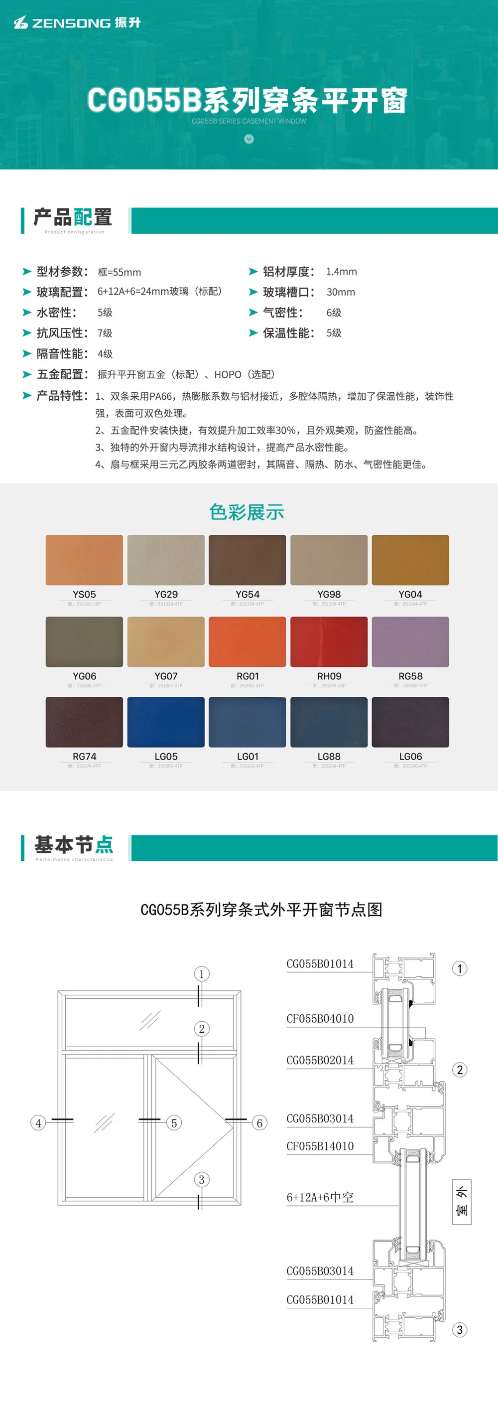 CG055B Series Polyamide Strip Thermal-Break Casement Window