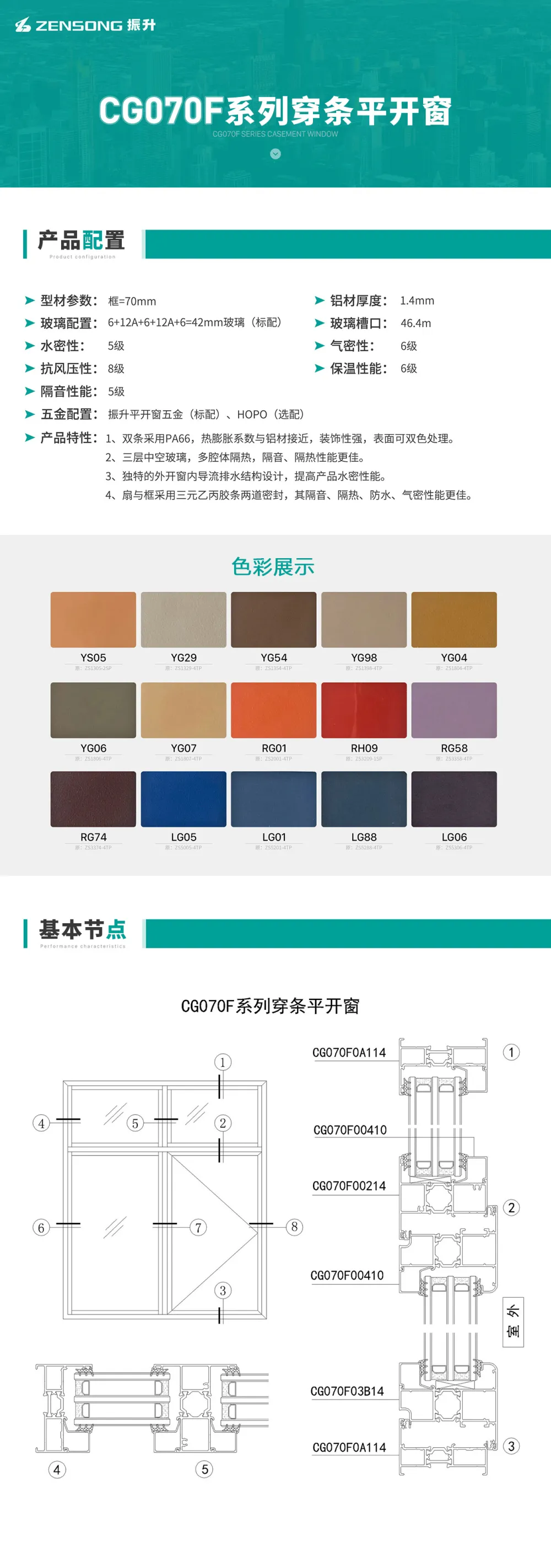 CG070F Series Polyamide Strip Thermal-Break Casement Window